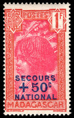 Madagascar 1942 Secours National +50c on 1fr carmine and scarlet unmounted mint.