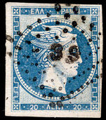 Greece 1861 20l blue on bluish pelure paper, Paris print, no number on reverse. Fine used.