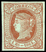 Spain 1864 1r brown on green unused without gum.