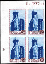 San Marino 1954 20l blue and brown Statue of Liberty imperf block of 4 unmounted mint.