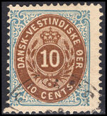 Danish West Indies 1873-1902 10c bistre-brown and greenish-blue perf 14 inverted frame fine used.