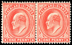 Falkland Islands 1904-12 1d vermillion thick paper pair fine lightly mounted mint.