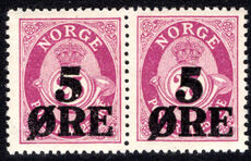 Norway 1922 5  Provisional in pair unmounted mint.
