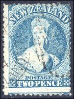 New Zealand 1862 2d wmk large star perf 13 Milky blue fine used.
