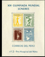 Peru 1957 Melbourne Olympics souvenir sheet lightly mounted mint.