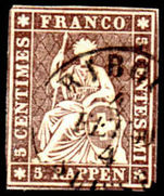 Switzerland 1856 5r deep brown black thread fine used no thins