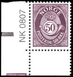 Norway 1962-78 50ø deep dull purple phosphorescent paper cylinder corner marginal unmounted mint.
