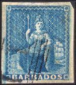 Barbados 1855-58 (1d) deep blue fine used with 4 huge margins.