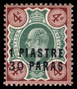 British Levant 1909 1pi30 on 4d green and chocolate-brown lightly mounted mint.