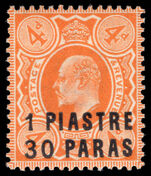 British Levant 1909 1pi30 on 4d brown-orange lightly mounted mint.