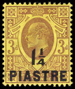 British Levant 1910 1¼p on 3d dull purple on orange-yellow lightly mounted mint.