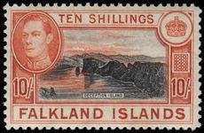 Falkland Islands 1938-50 10/- black & orange-brown fine mint lightly hinged.