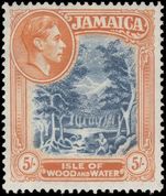 Jamaica 1941 5sh slate-blue and yellow-orange lightly hinged with  rare emergency line perf 14 (gauges EXACTLY 14).